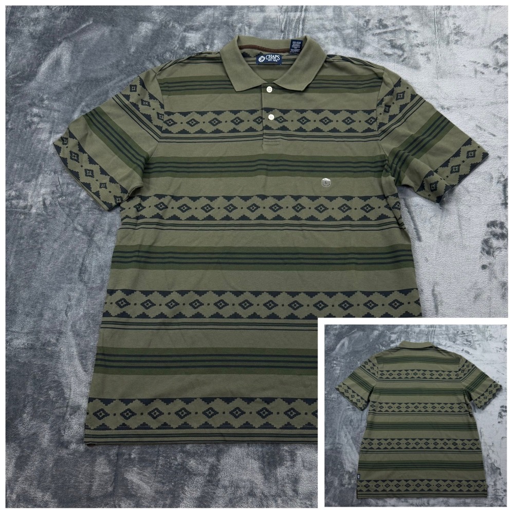 NWOT Chaps Mens Olive Green Southwestern Geometric Aztec Cotton Polo Shirt Large